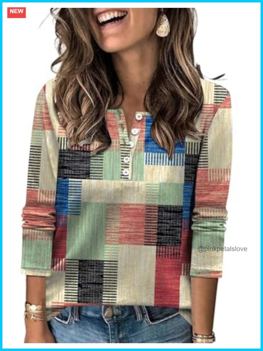 Womens Long Sleeve V Neck Henley Tunic Top Button Decor Blouse